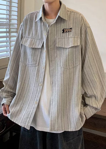 Men Loose Spring Pockets Grey Shirt Button Striped Cotton FashionChic