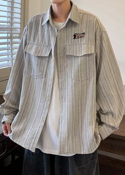 Men Loose Spring Pockets Grey Shirt Button Striped Cotton FashionChic