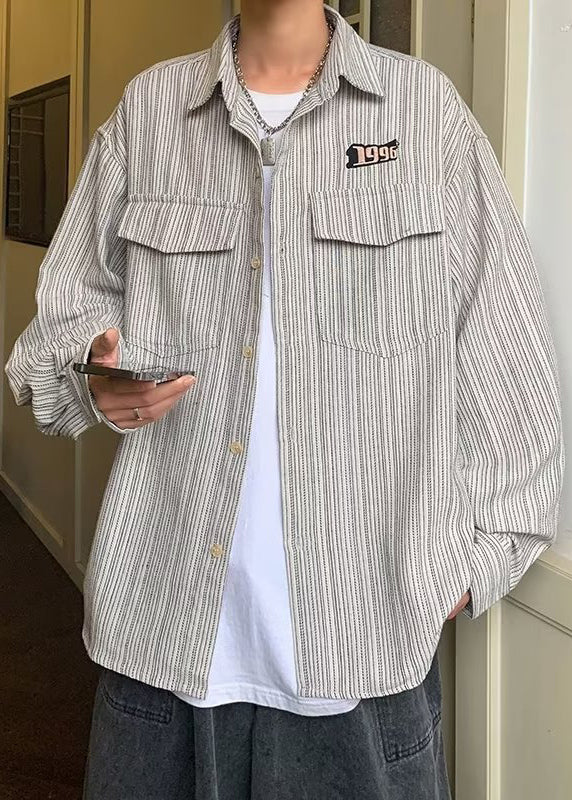 Striped Cotton Loose Grey Shirts Men Pockets Spring FashionChic