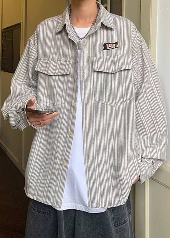 Striped Cotton Loose Grey Shirts Men Pockets Spring FashionChic