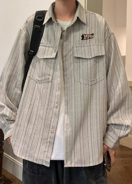 Striped Cotton Loose Grey Shirts Men Pockets Spring FashionChic