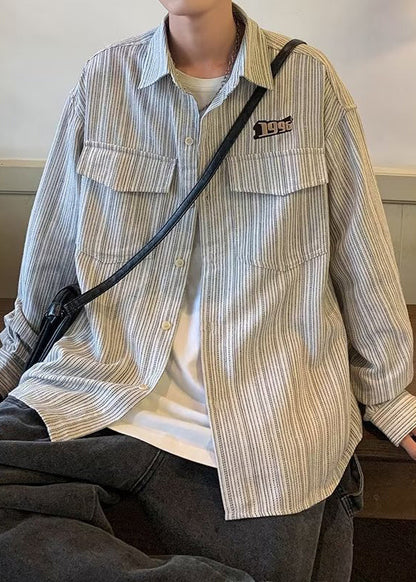 Striped Cotton Loose Grey Shirts Men Pockets Spring FashionChic