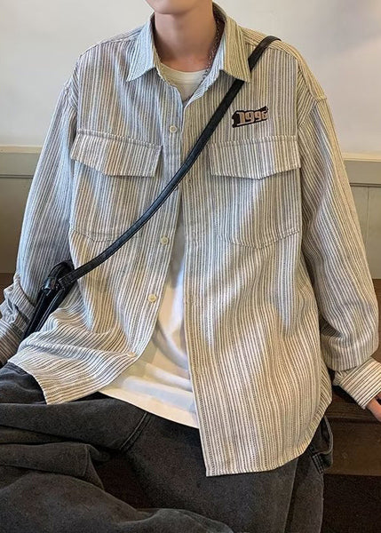 Striped Cotton Loose Grey Shirts Men Pockets Spring FashionChic