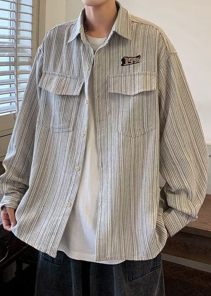Striped Cotton Loose Grey Shirts Men Pockets Spring FashionChic