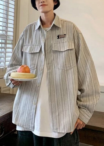 Striped Cotton Loose Grey Shirts Men Pockets Spring FashionChic