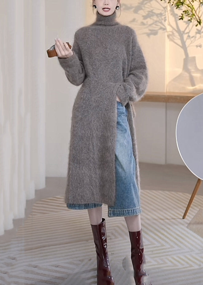 Loose Grey Turtleneck Front Open Mink Velvet Sweater Winter WM006 ABC