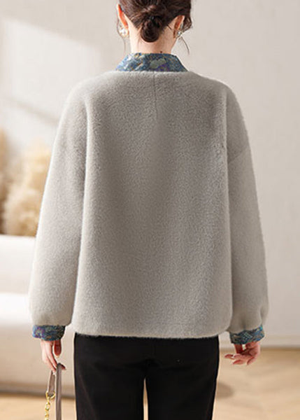 Loose Grey V Neck Button Patchwork Mink Velvet Coats Winter RC015 ABC