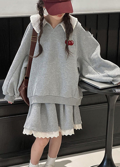 Loose Grey V Neck Cotton Kids Pullover And Skirts Two Piece Set Spring TV026