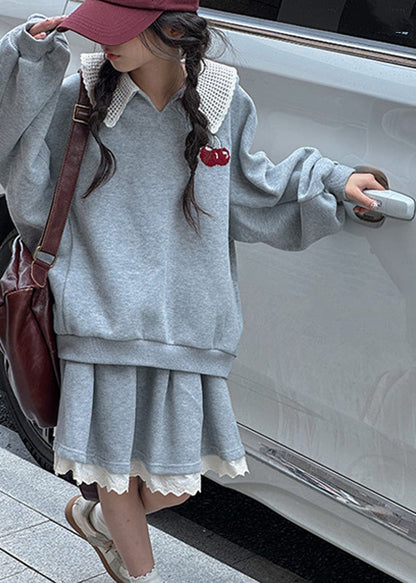 Loose Grey V Neck Cotton Kids Pullover And Skirts Two Piece Set Spring TV026