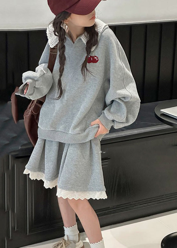 Loose Grey V Neck Cotton Kids Pullover And Skirts Two Piece Set Spring TV026