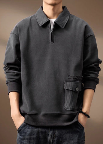 Zip Loose Cotton Men Sweatshirt Pockets Up Grey Spring TC018