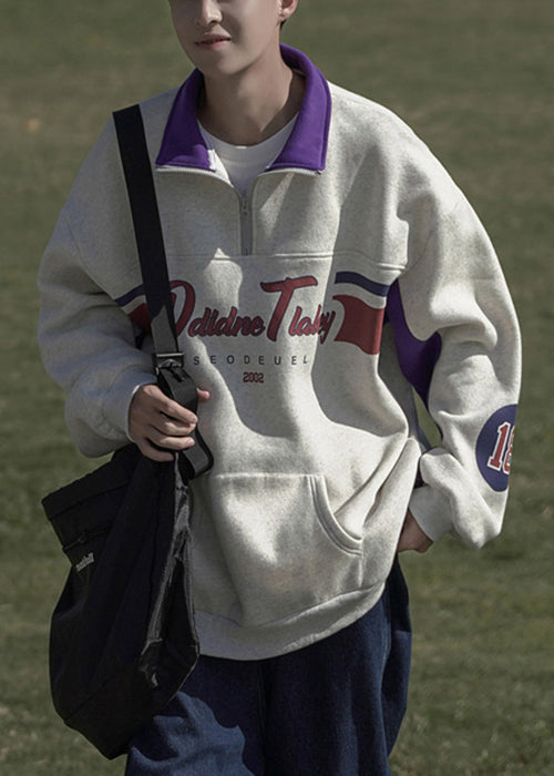 Men Cotton Sweatshirt Spring Grey Print Pockets Zippered Loose FashionChic