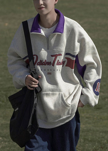 Men Cotton Sweatshirt Spring Grey Print Pockets Zippered Loose FashionChic