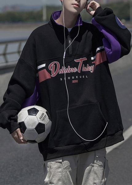 Men Cotton Sweatshirt Spring Grey Print Pockets Zippered Loose FashionChic