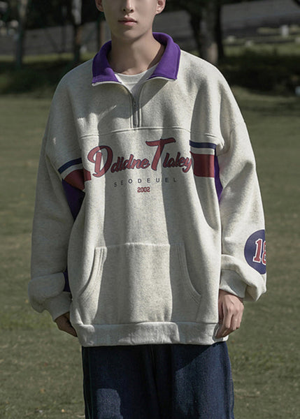 Men Cotton Sweatshirt Spring Grey Print Pockets Zippered Loose FashionChic