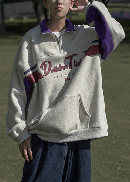 Men Cotton Sweatshirt Spring Grey Print Pockets Zippered Loose FashionChic