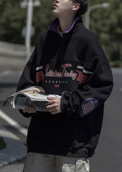 Men Cotton Sweatshirt Spring Grey Print Pockets Zippered Loose FashionChic