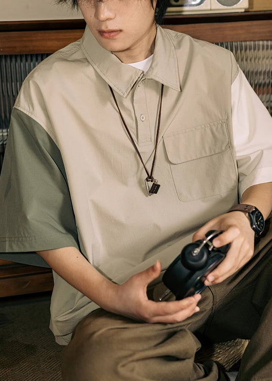 Loose Button Polo Asymmetrical Mens Cotton Patchwork Shirts Khaki FashionChic