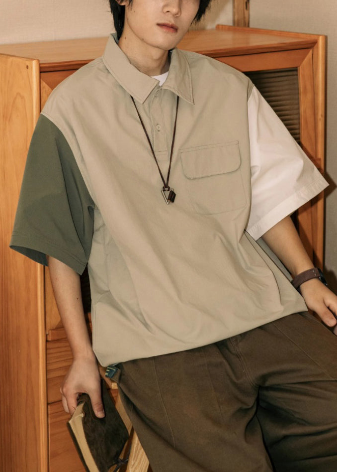 Loose Button Polo Asymmetrical Mens Cotton Patchwork Shirts Khaki FashionChic