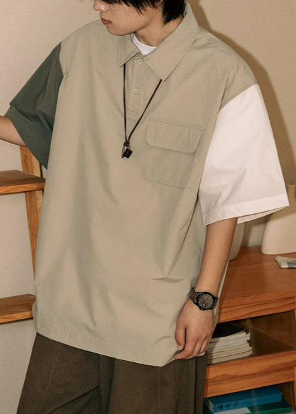 Loose Button Polo Asymmetrical Mens Cotton Patchwork Shirts Khaki FashionChic