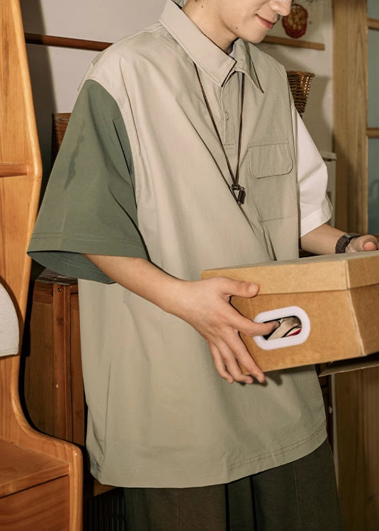Loose Button Polo Asymmetrical Mens Cotton Patchwork Shirts Khaki FashionChic
