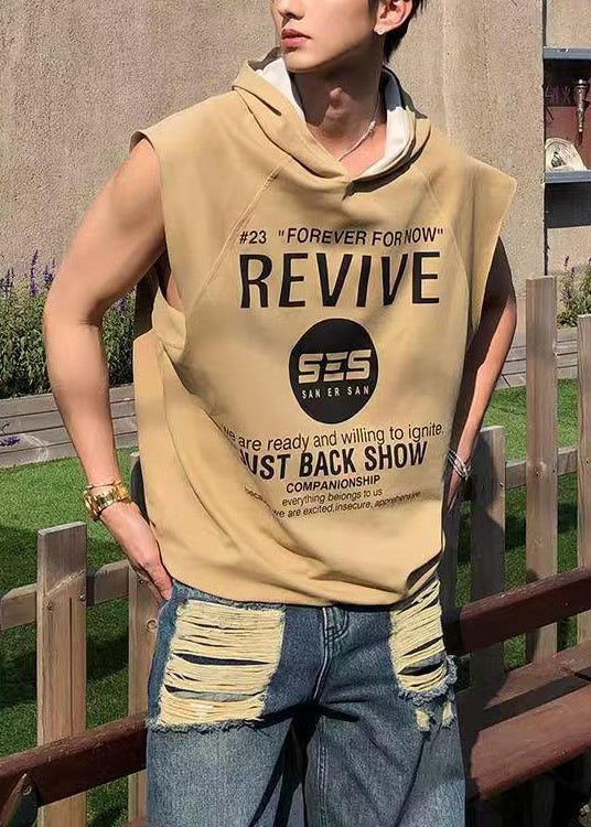Sleeveless Loose Khaki Mens Letter Cotton Hooded Tanks FashionChic