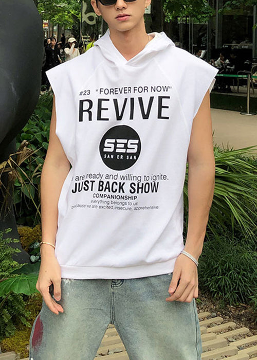 Sleeveless Loose Khaki Mens Letter Cotton Hooded Tanks FashionChic