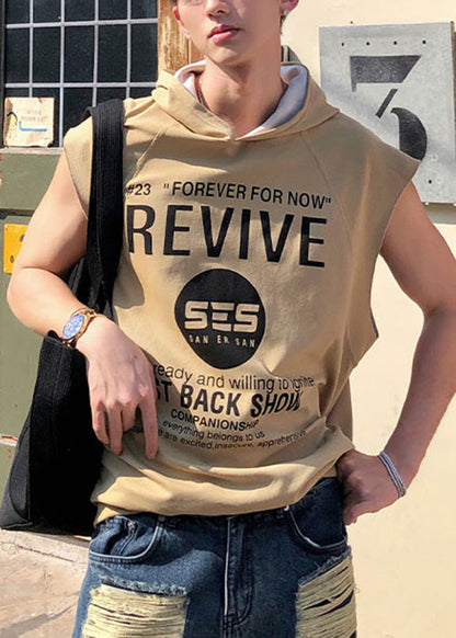 Sleeveless Loose Khaki Mens Letter Cotton Hooded Tanks FashionChic