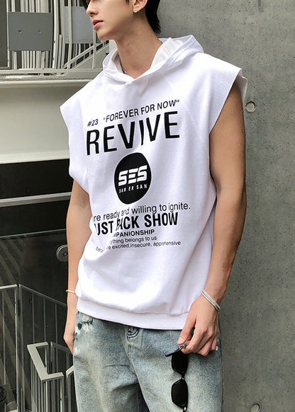 Sleeveless Loose Khaki Mens Letter Cotton Hooded Tanks FashionChic