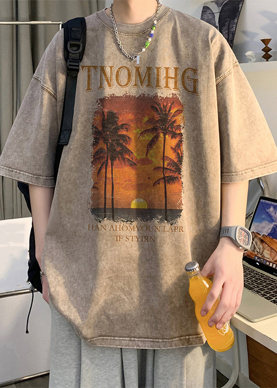 Loose Khaki O Neck Print Cotton Men's T Shirts Summer YL007 ABC