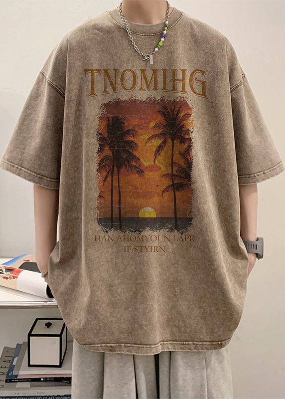 Loose Khaki O Neck Print Cotton Men's T Shirts Summer YL007 ABC