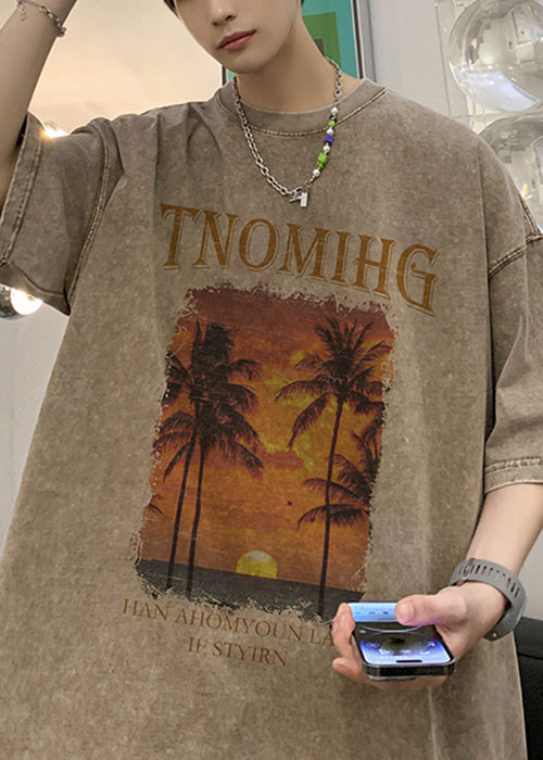 Loose Khaki O Neck Print Cotton Men's T Shirts Summer YL007 ABC