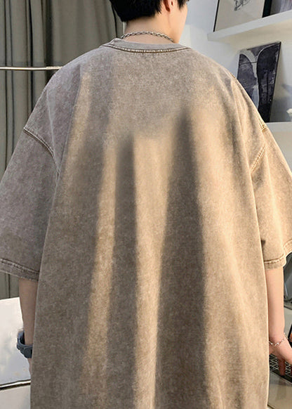 Loose Khaki O Neck Print Cotton Men's T Shirts Summer YL007 ABC