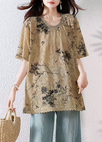 Print Neck Khaki Loose Summer O T Lace Shirt FashionChic