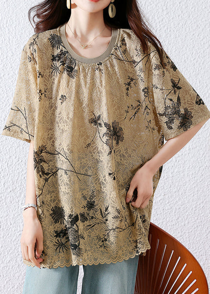 Print Neck Khaki Loose Summer O T Lace Shirt FashionChic
