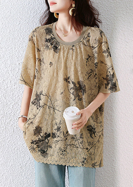 Print Neck Khaki Loose Summer O T Lace Shirt FashionChic