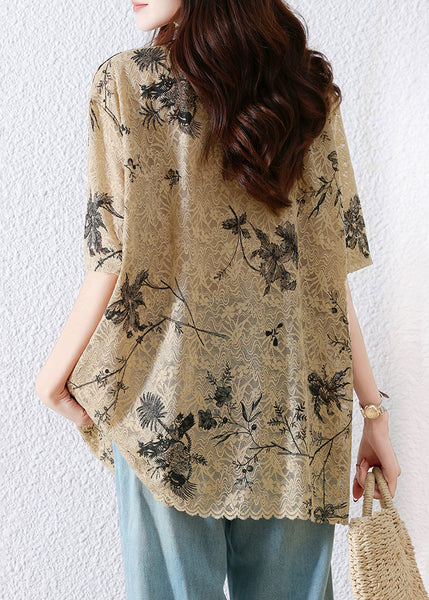 Print Neck Khaki Loose Summer O T Lace Shirt FashionChic