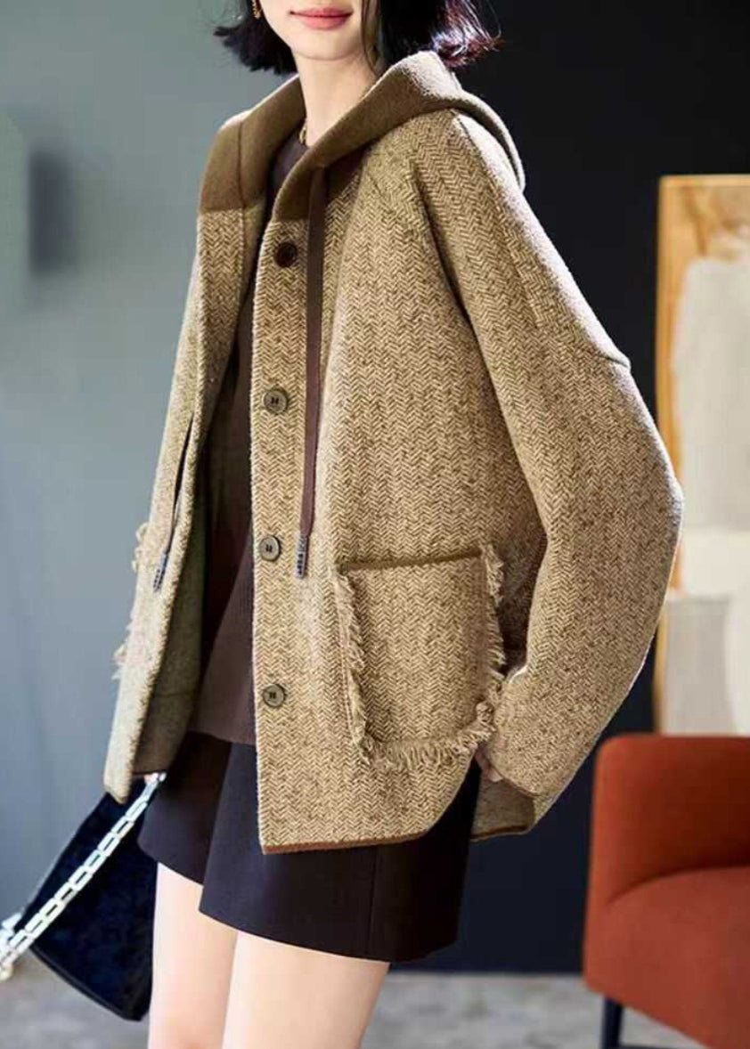 Woolen Patchwork Pockets Hooded Coats Spring Button Loose Khaki FashionChic
