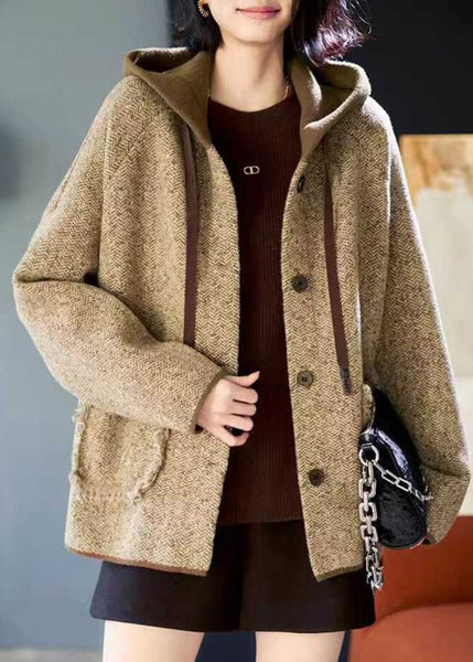 Woolen Patchwork Pockets Hooded Coats Spring Button Loose Khaki FashionChic