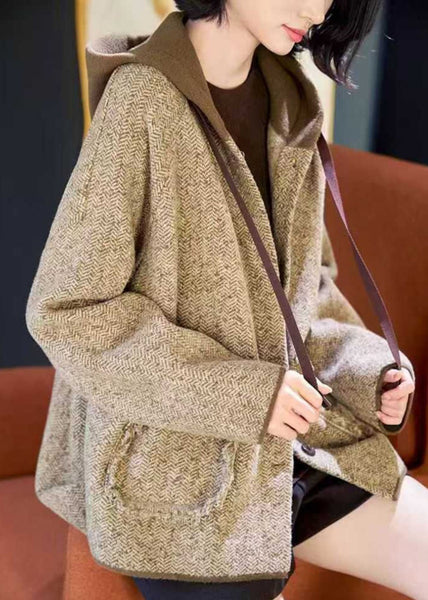 Woolen Patchwork Pockets Hooded Coats Spring Button Loose Khaki FashionChic