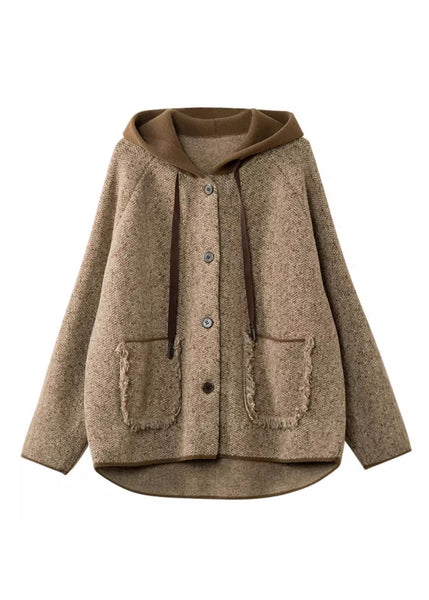 Woolen Patchwork Pockets Hooded Coats Spring Button Loose Khaki FashionChic