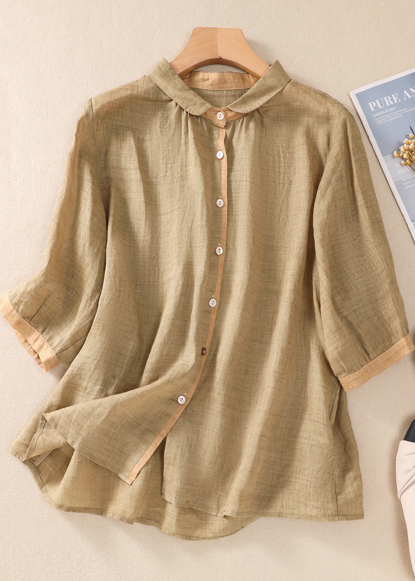 Loose Khaki Peter Pan Collar Button Linen Blouse Tops Summer AM1042 Genistyle Shop