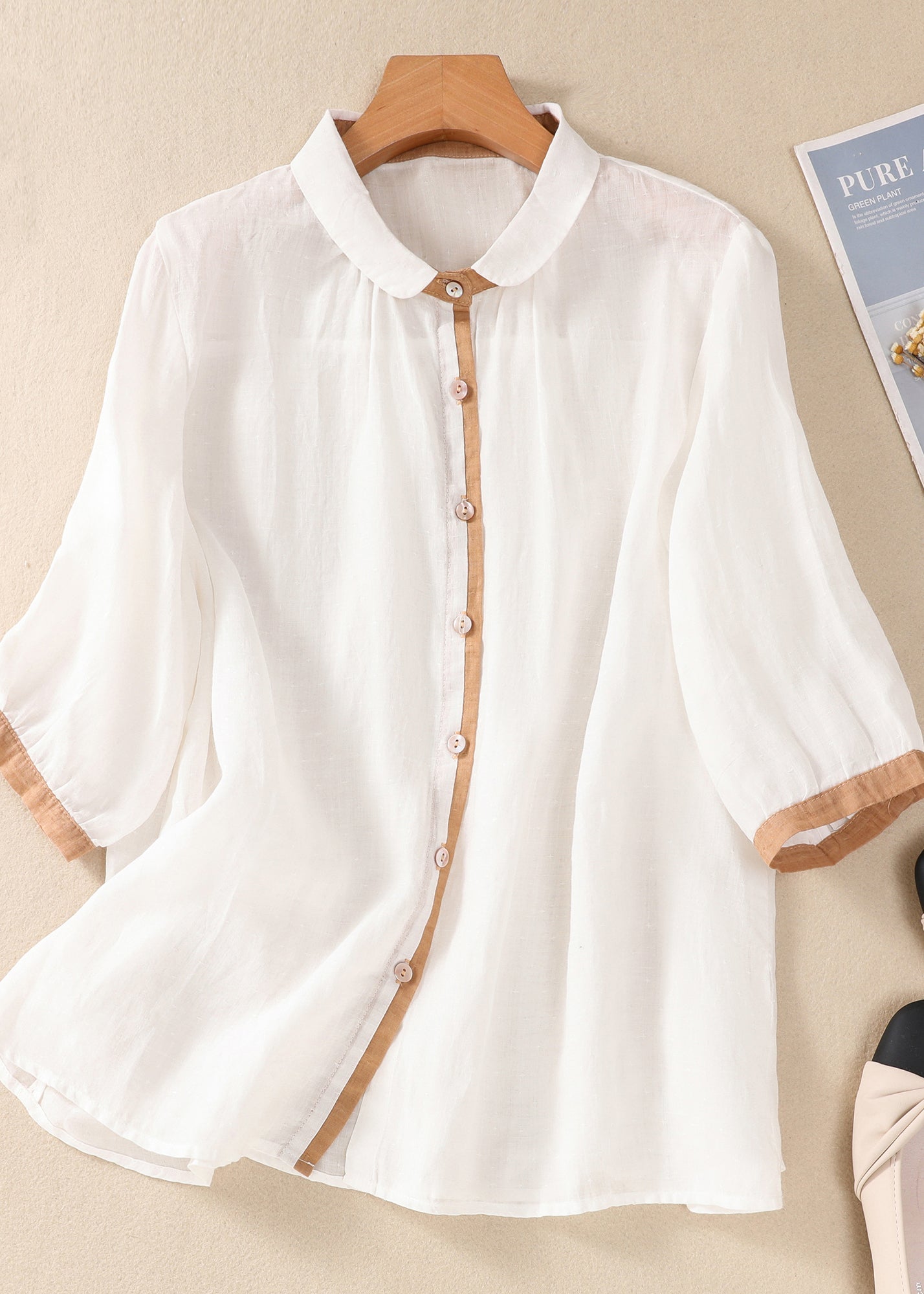 Loose Khaki Peter Pan Collar Button Linen Blouse Tops Summer AM1042 Genistyle Shop