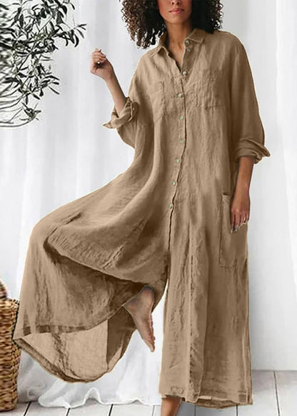 Loose Khaki Peter Pan Collar Button Pockets Linen Jumpsuits Long Sleeve FF067 MZF-JPTS240607