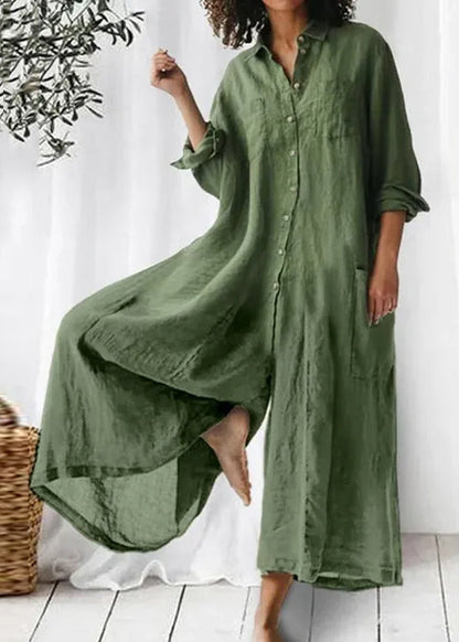 Loose Khaki Peter Pan Collar Button Pockets Linen Jumpsuits Long Sleeve FF067 MZF-JPTS240607