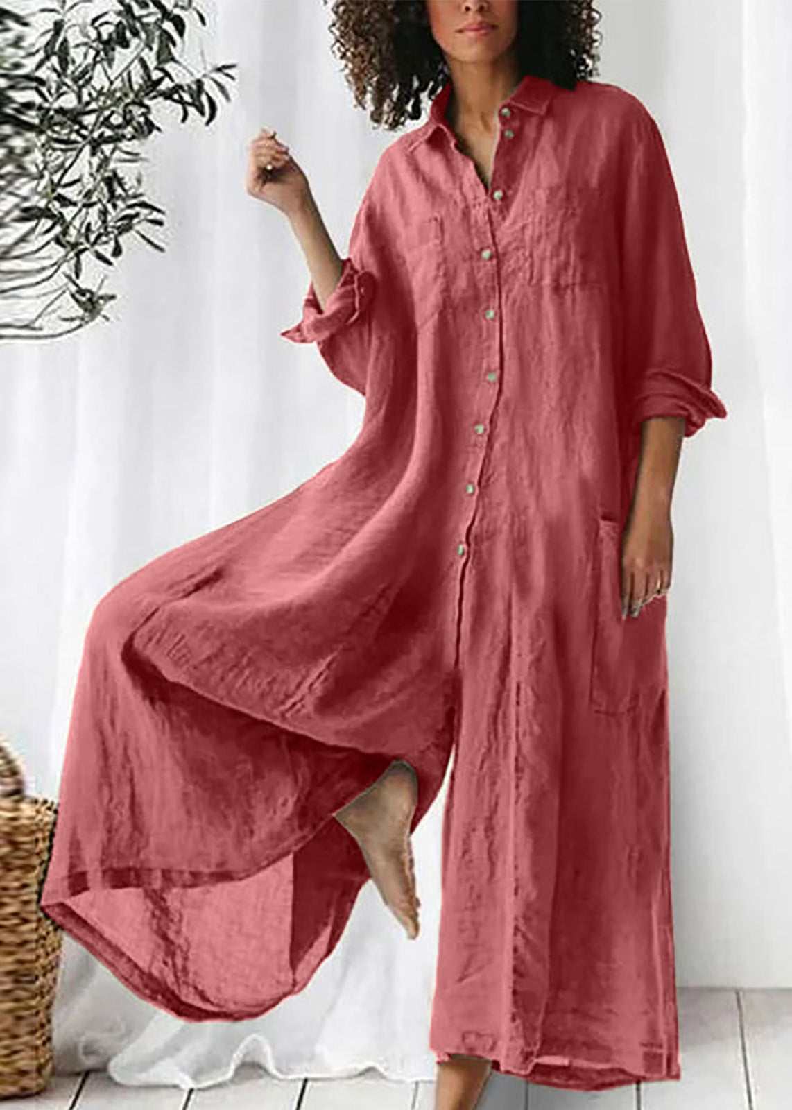 Loose Khaki Peter Pan Collar Button Pockets Linen Jumpsuits Long Sleeve FF067 MZF-JPTS240607