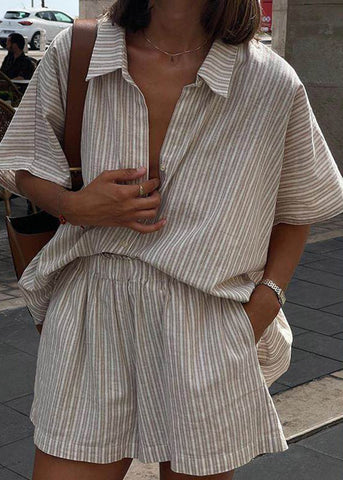 Pieces Khaki Pan Two Striped Loose Shirts And Shorts Collar Peter FashionChic