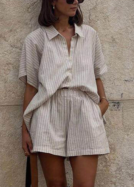 Pieces Khaki Pan Two Striped Loose Shirts And Shorts Collar Peter FashionChic