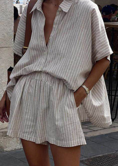 Pieces Khaki Pan Two Striped Loose Shirts And Shorts Collar Peter FashionChic