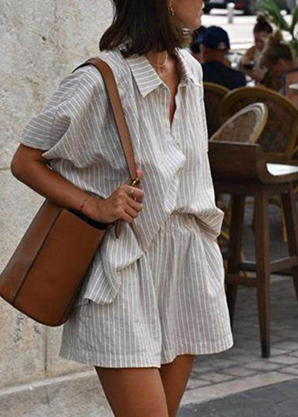 Pieces Khaki Pan Two Striped Loose Shirts And Shorts Collar Peter FashionChic
